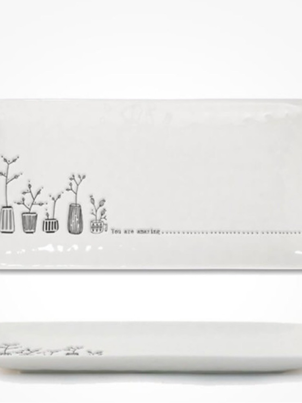 White Ceramic Decorative Tray with Botanical Sketch Design